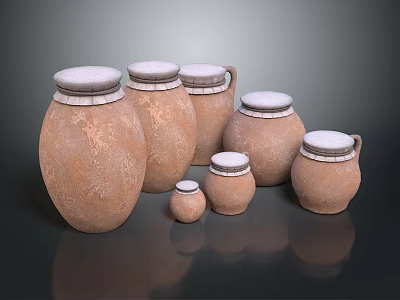 Earth Brown Ceramic Storage Jars With White Lids In Various Sizes For Home Use 3d model