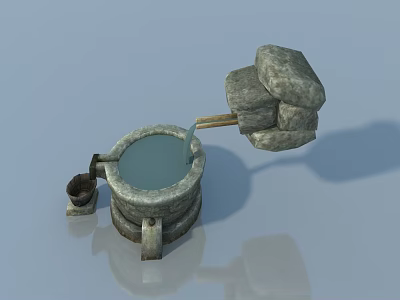 Traditional Stone Swing Door With Water Container And Wooden Spout Design 3d model