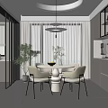 Modern Dining Room With Round Table Four Chairs Vase Green Plant Windows Curtains And Cabinets