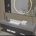 Modern Bathroom Vanity Cabinet With Sink Countertop Round Lighted Mirror Storage Drawers Towels And Plant