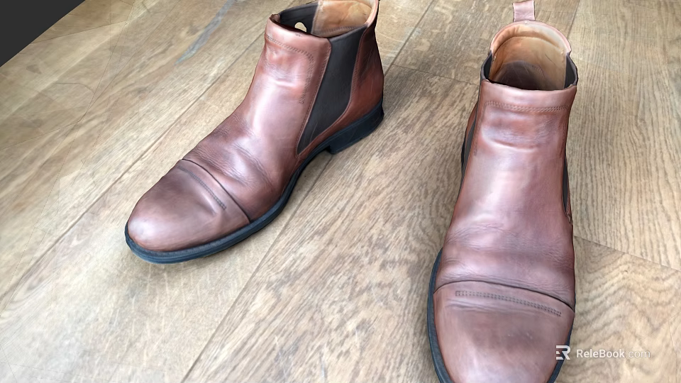 Classic Brown Leather Chelsea Boots With Elastic Side On Wooden Floor 3d model 