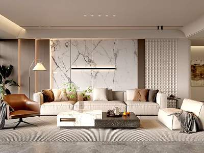 Modern Living Room Interior With Marble Feature Wall Sofa Coffee Tables Accent Chair Floor Lamp And Plants 3d model