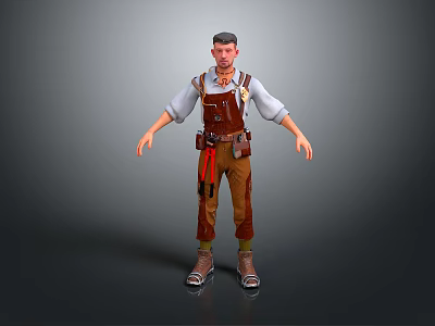 Detailed Game Movie Character 3D Model With White Shirt Brown Overalls And Tool Belt 3d model