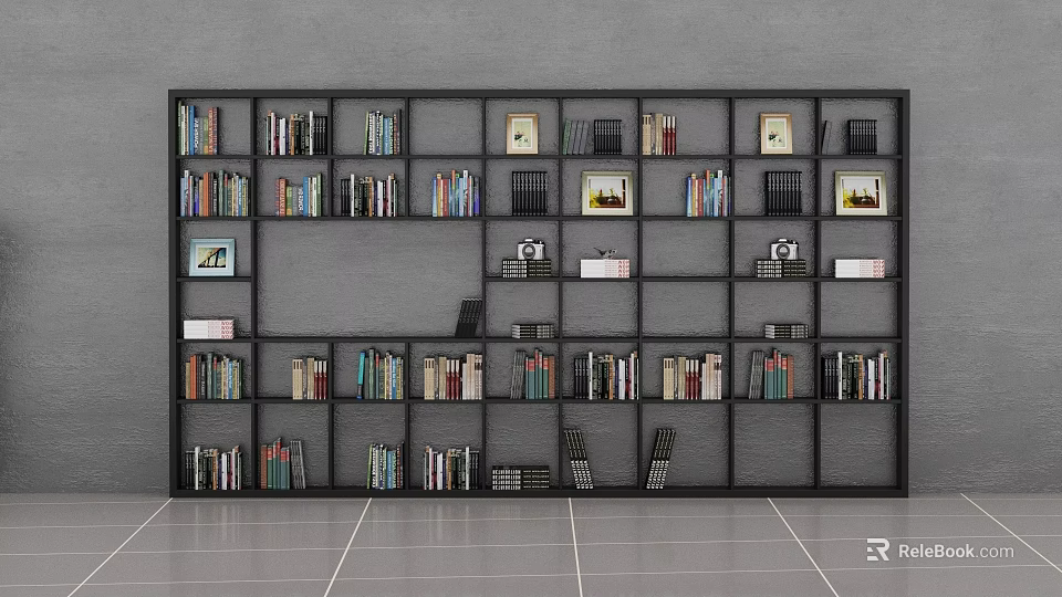 Modern Black Open Bookshelf Interior With Organized Books Photo Frames And Decorative Items 3d model 