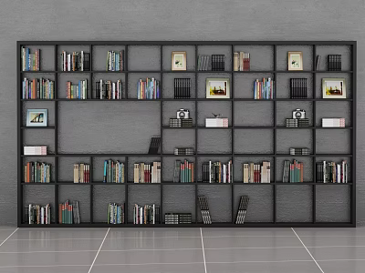 Modern Black Open Bookshelf Interior With Organized Books Photo Frames And Decorative Items 3d model