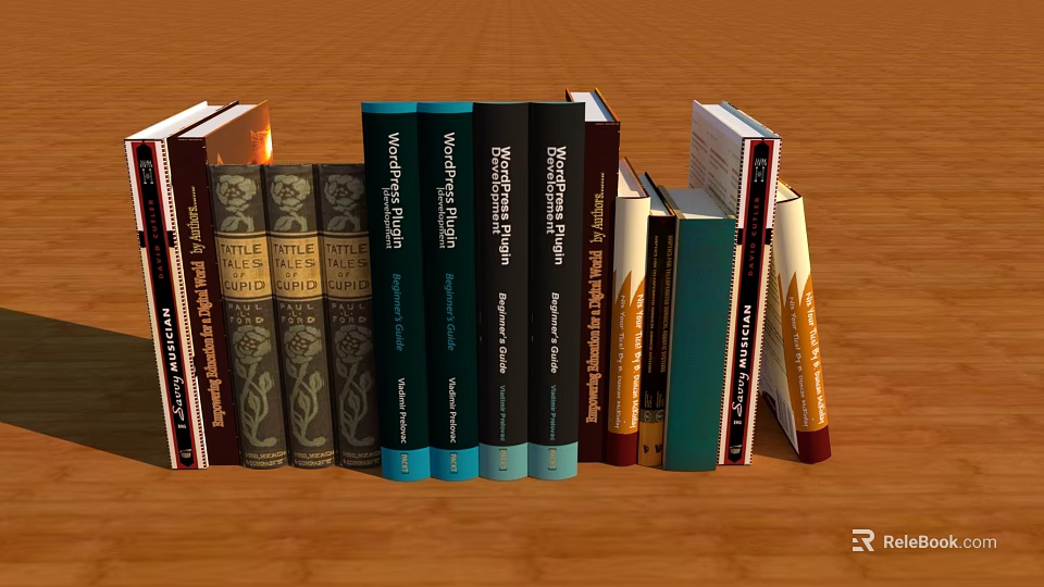 Colorful Books Collection With Spine Text Neatly Arranged On Wooden Table 3d model 