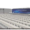 Bright Banquet Hall With Blue Backdrop Screen Podium Audience Seats And Lighting Effects For Conference