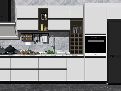 Modern Kitchen With White Cabinets Marble Wall And Stainless Steel Faucet 3d model