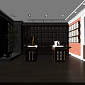 Traditional Chinese Style Display Hall Interior With Wooden Grid Shelves Central Counters And Green Plant