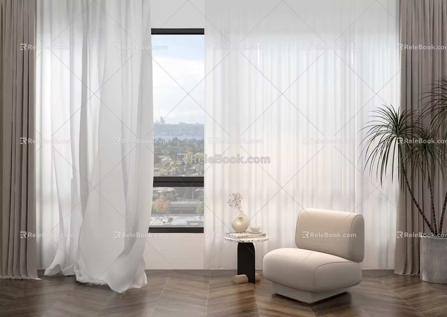 Modern Cream Curtain Window Screen Lazy Sofa 3d model