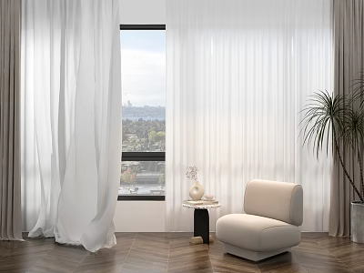 White Sheer Curtains with City View Window Beige Armchair and Potted Plant on Wooden Floor 3d model