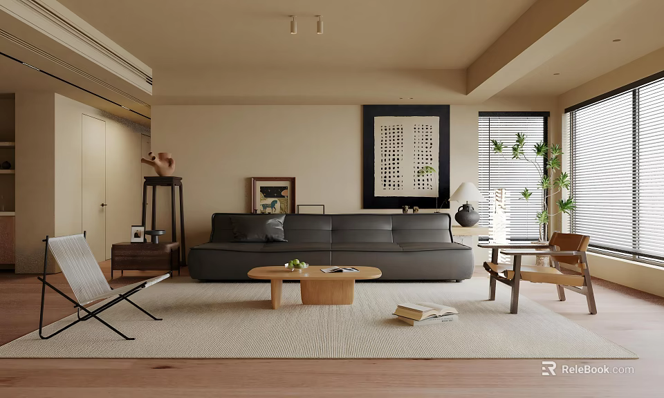 Cozy Living Dining Area Design With Gray Sofa Wooden Coffee Table Decorative Painting And Plant 3d model 