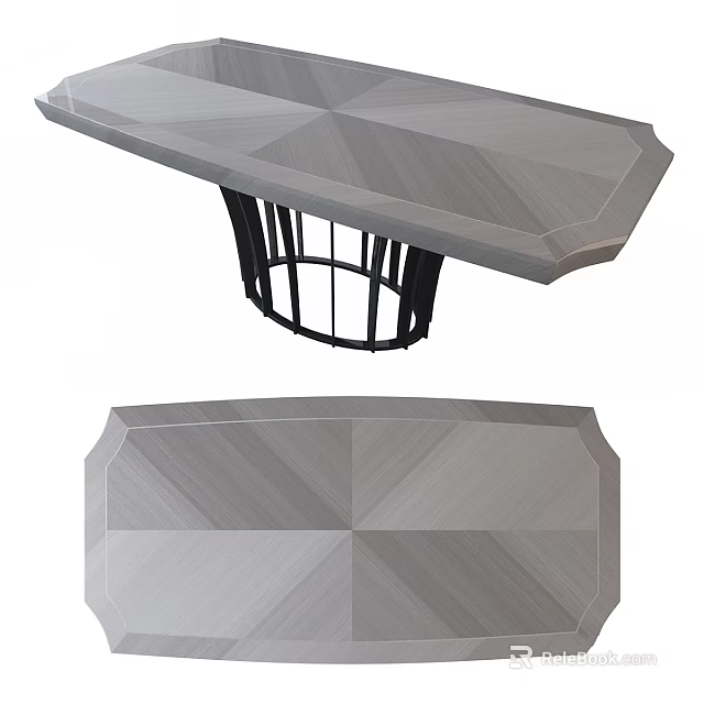 Modern Geometric Design Dining Table With Gray Tabletop And Black Metal Base 3d model 