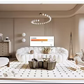 Modern Beige Living Room Interior With Circular Sofa Coffee Table Spherical Chandelier And Geometric Rug