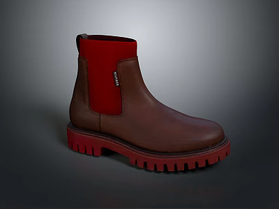 Brown Leather Chelsea Boots With Red Elastic Side And Red Textured Sole 3d model
