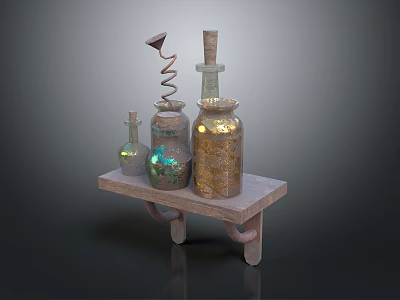 Stone Table Display With Various Decorative Bottles Spiral Decoration Wooden Stopper Golden Texture Dark Background 3d model