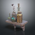 Stone Table Display With Various Decorative Bottles Spiral Decoration Wooden Stopper Golden Texture Dark Background