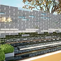 Modern Landscape Wall with Gray Bricks Flowing Water Trees and Stone Steps