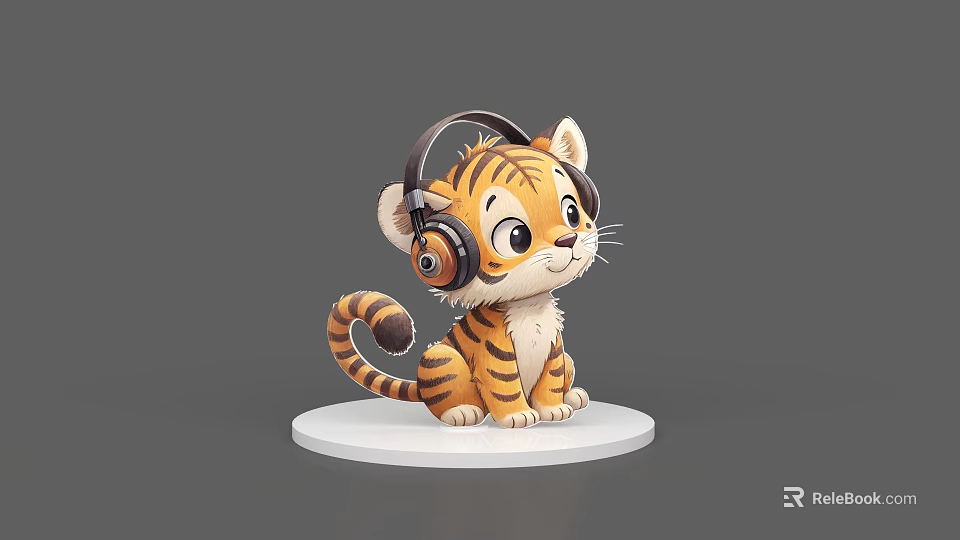 Cute Tiger Cub Game and Movie Character Wearing Headphones in Cartoon Style 3d model 
