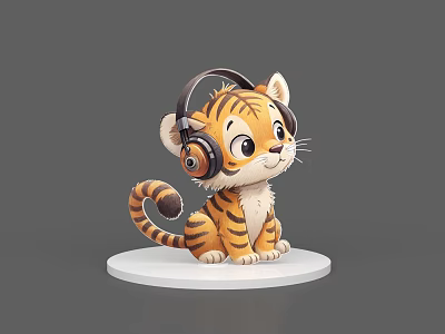 Cute Tiger Cub Game and Movie Character Wearing Headphones in Cartoon Style 3d model
