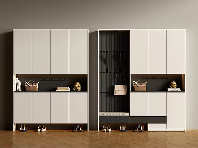Modern White Shoe Cabinet Interior Design With Open Shelves Shoes Decorative Items And Hanging Hooks 3d model