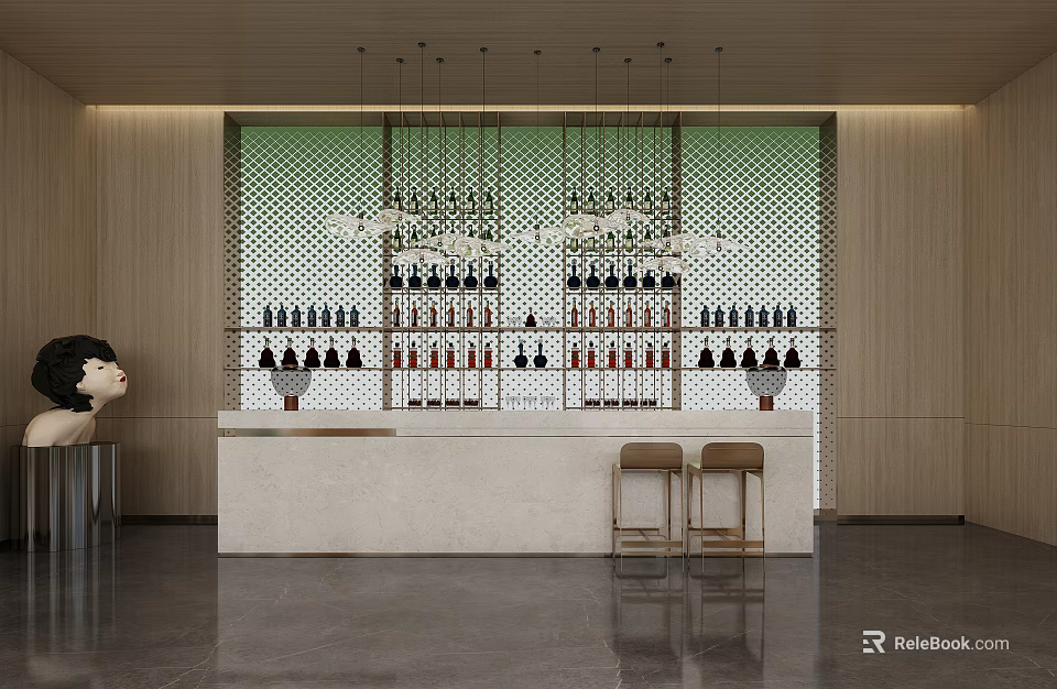 Modern Bar Interior With Wooden Walls White Counter Hanging Lights Wine Bottles And Stools 3d model 