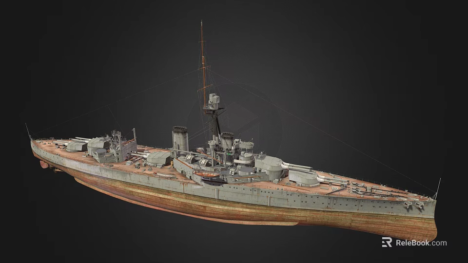 Detailed Historical Battleship Model with Deck Turrets Chimney and Mast Structure 3d model 