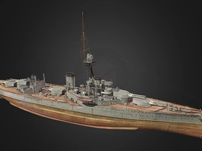 Detailed Historical Battleship Model with Deck Turrets Chimney and Mast Structure 3d model