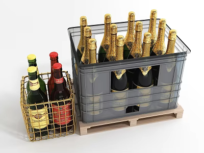 Colorful Wine Bottles In Metal Basket And Plastic Crate On Wooden Pallet 3d model
