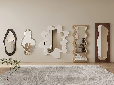 Decorative Wall Mounted Mirrors Of Various Shapes In Interior With Rug And Plant 3d model