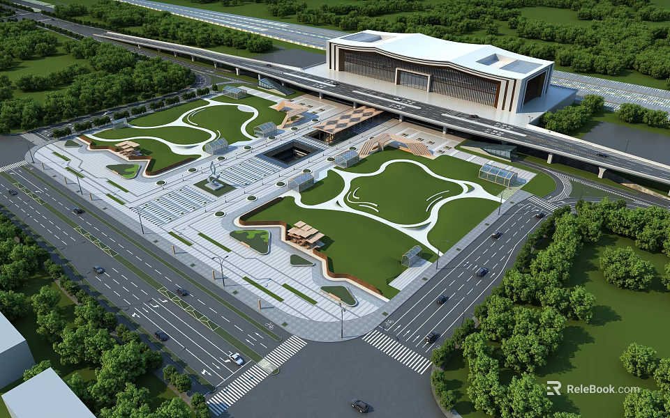 Modern Train Station Exterior Design With Green Plaza And Landscaped Gardens 3d model 