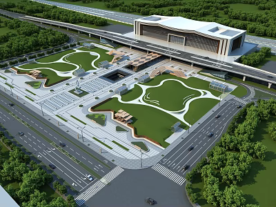 Modern Train Station Exterior Design With Green Plaza And Landscaped Gardens 3d model