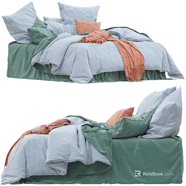 Double Bed with Green and Blue Bedding Orange Throw Blanket and Soft Pillows 3d model 