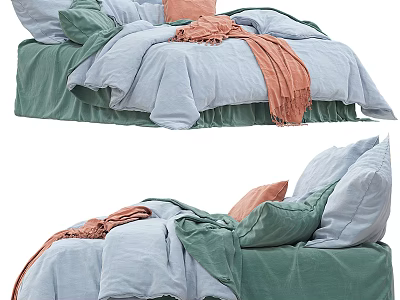 Double Bed with Green and Blue Bedding Orange Throw Blanket and Soft Pillows 3d model