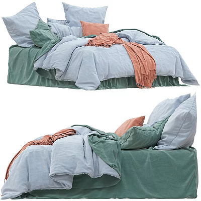Double Bed with Green and Blue Bedding Orange Throw Blanket and Soft Pillows 3d model