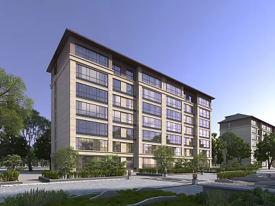 Modern Mid rise Residential Building With Large Glass Windows And Green Landscaping 3d model