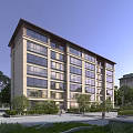 Modern Mid rise Residential Building With Large Glass Windows And Green Landscaping