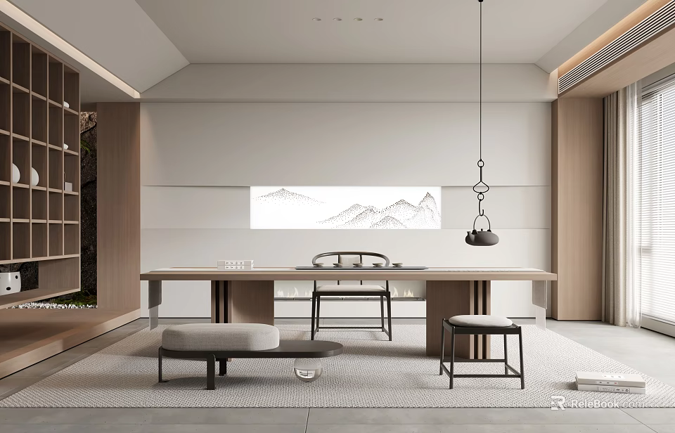 Minimalist Tea Room Interior Design With Wooden Tea Table Chairs Hanging Lamp And Landscape Painting 3d model 