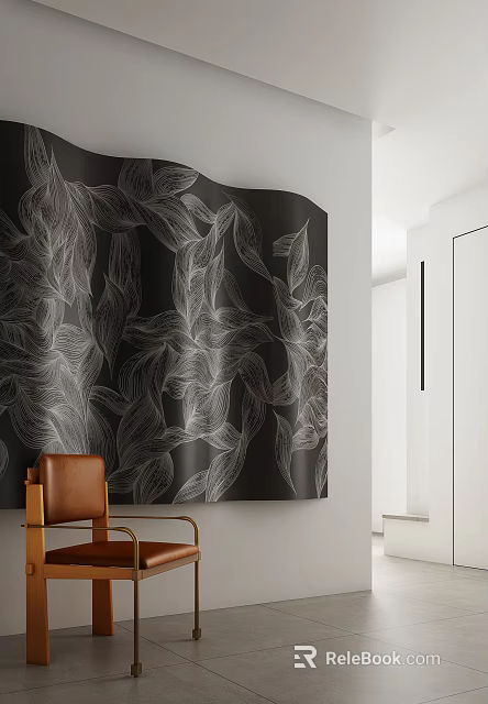 Brown Leather Leisure Chair In Modern Interior With Black White Leaf Pattern Wall 3d model 