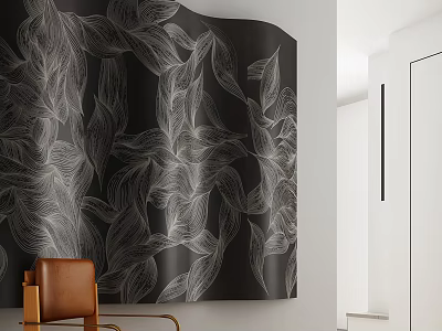 Brown Leather Leisure Chair In Modern Interior With Black White Leaf Pattern Wall 3d model