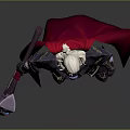 Man with white long hair in black armor golden decorations red cape holding purple gem weapon