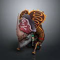Pirate Themed Horned Creature With Skull Hat And Ornate Red Orange Back Patterns 3d model