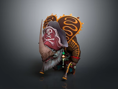 Pirate Themed Horned Creature With Skull Hat And Ornate Red Orange Back Patterns 3d model