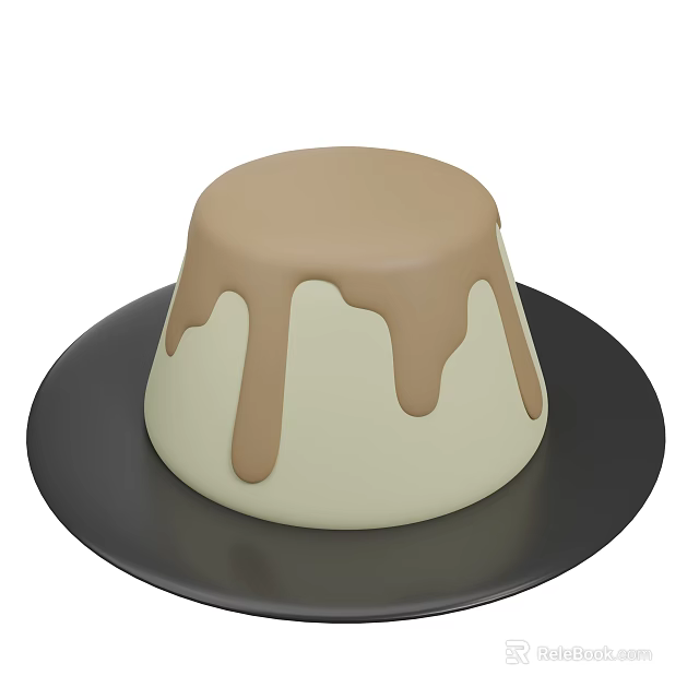 Creamy Smooth White Pudding With Brown Dripping Sauce On Black Plate 3d model 