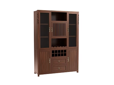 Dark Brown Wooden Wine Cabinet With Glass Doors Wine Rack And Storage Drawers 3d model