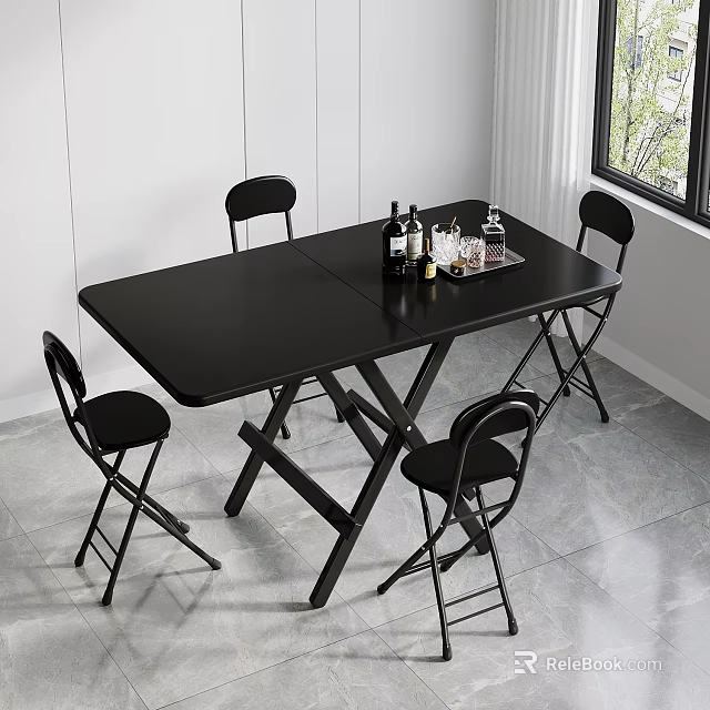 Black Folding Dining Table Set with Four Chairs and Drinks Tray 3d model 