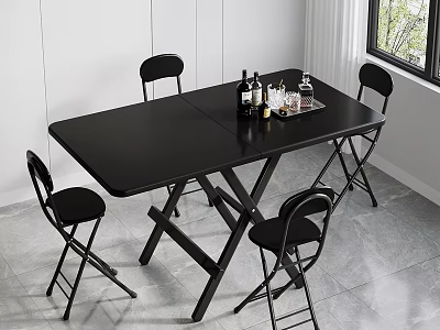 Black Folding Dining Table Set with Four Chairs and Drinks Tray 3d model
