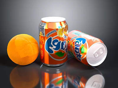 Fanta Orange Soda Cans With Fresh Orange Fruit On Black Surface 3d model