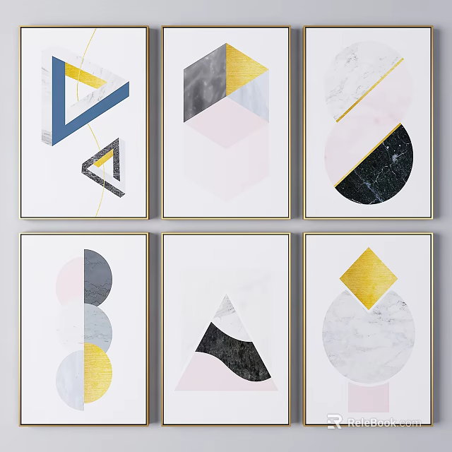 Modern Abstract Geometric Wall Art With Marble Texture And Gold Frames 3d model