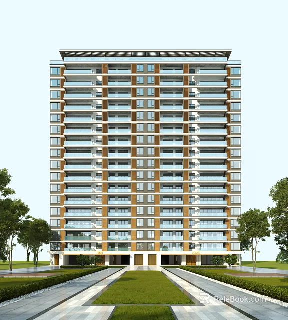 Modern High Rise Residential Building Exterior With Windows Balconies And Surrounding Trees 3d model 